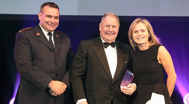 Lord Mayor Robert Doyle (centre) with 2013 Melburnian of the Year, Major Brendan Nottle (left) and 2014 Melburnian of the Year, Professor Sharon Lewin (right). Source: Supplied