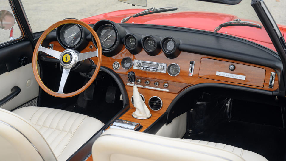 The interior of a 1967 Ferrari 365 California Spyder.