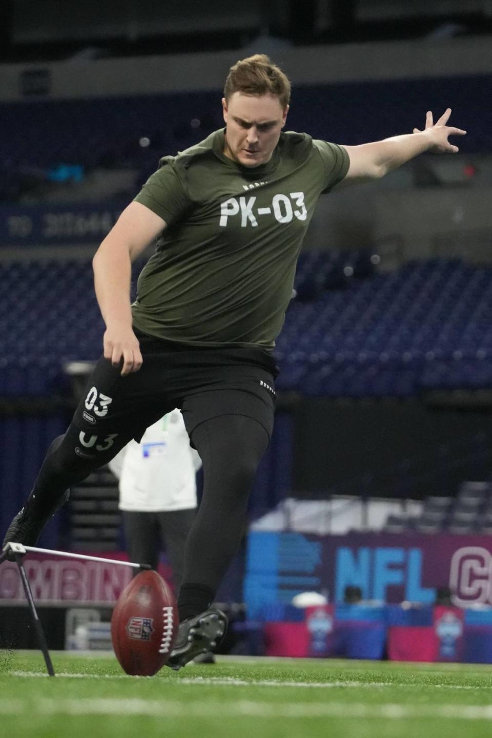 Mar 3, 2024; Indianapolis, IN, USA; Missouri place kicker Harrison Mevis (PK03) during the 2024 NFL Combine at Lucas Oil Stadium. Mandatory Credit: Kirby Lee-USA TODAY Sports