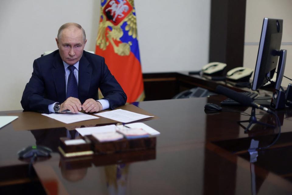 Russian President Vladimir Putin chairs a meeting by video link on situation in Belgorod, Kursk and Bryansk regions on August 22, 2024.