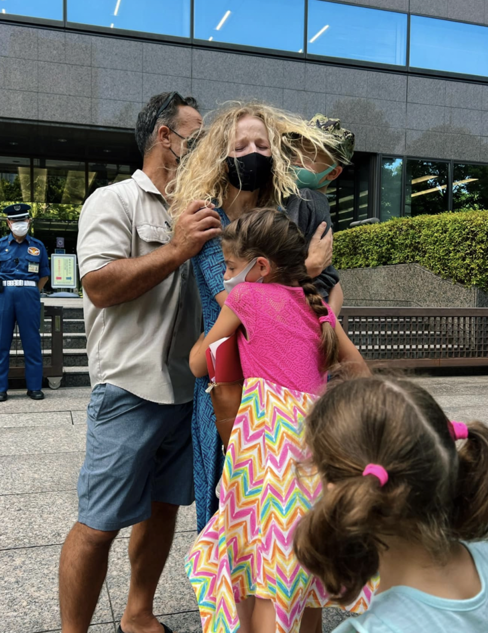 Above, Lt Alkonis’ father, wife, and two of his children after he began to serve his three-year sentence  on July 25 (Bring Ridge Home/Facebook)