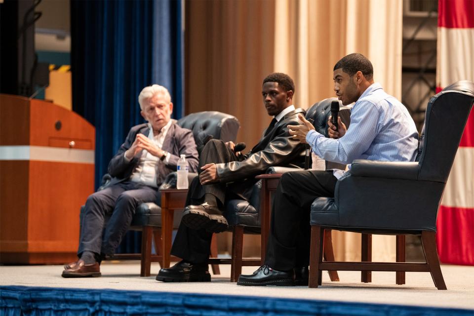 Masters of the Air producer, Kirk Saduski, and actors, Josiah Cross and Branden Cook talk on a panel at Maxwell Air Force Base, March 8, 2024.. After the screening, the floor was opened to the audience to ask questions to Masters of the Air producer, Kirk Saduski, and actors, Josiah Cross and Branden Cook, about their experiences portraying such an important moment in time, particularly featuring the Tuskegee Airmen. The screening also provided service members an opportunity to ask burning questions regarding what went into both producing and acting in the show.