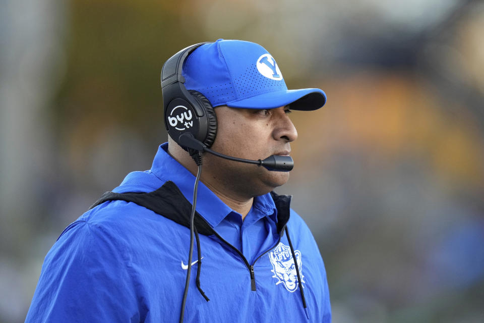 FILE - BYU head coach Kalani Sitak looks on in the first half of an NCAA college football game against Georgia Southern on Nov. 20, 2021, in Statesboro, Ga. BYU will open the season at South Florida on Sept. 3, 2022. This marks the third meeting between the two schools. The Cougars rode a fast start to a 35-27 victory over the Bulls last season. (AP Photo/Paul Abell, File)