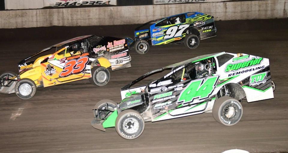 Modified racing action from Orange County Fair Speedway early in 2021 season. Anthony Perrego (44) passes Jerry Higbie (97). BOB ARMBRUSTER/For OCFS