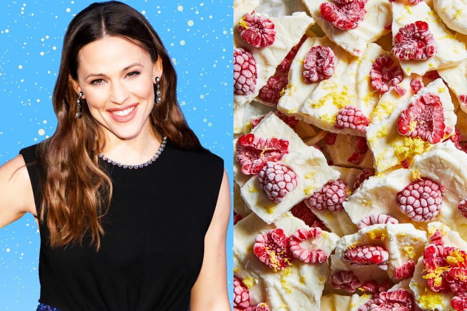 Jennifer Garner and raspberry yogurt bark on a designed background