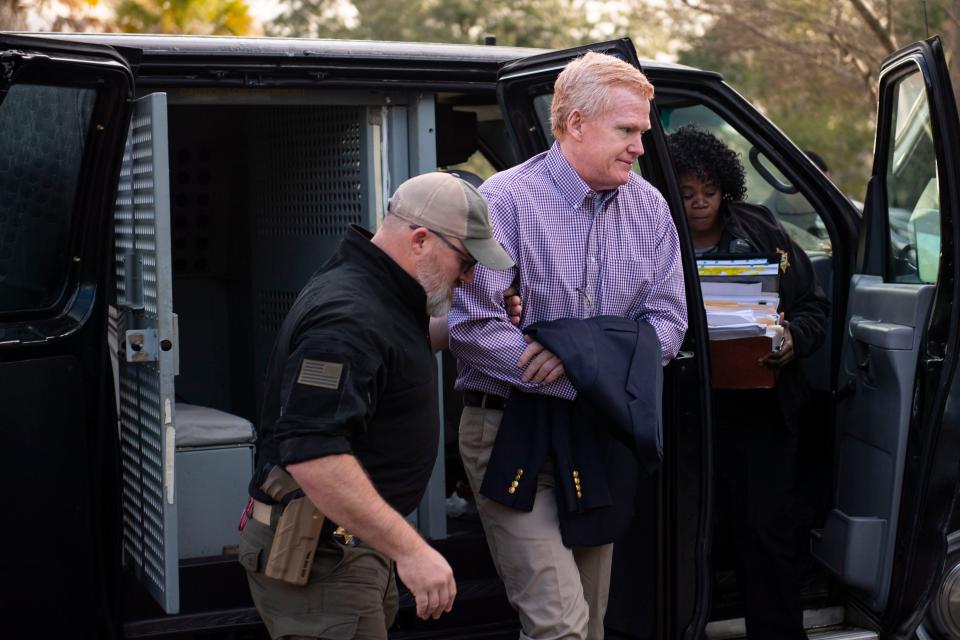  Alex Murdaugh arrives at the Colleton County Courthouse before day 13 of his double murder trial in Walterboro, S.C., on Wednesday, Feb. 8, 2023. 