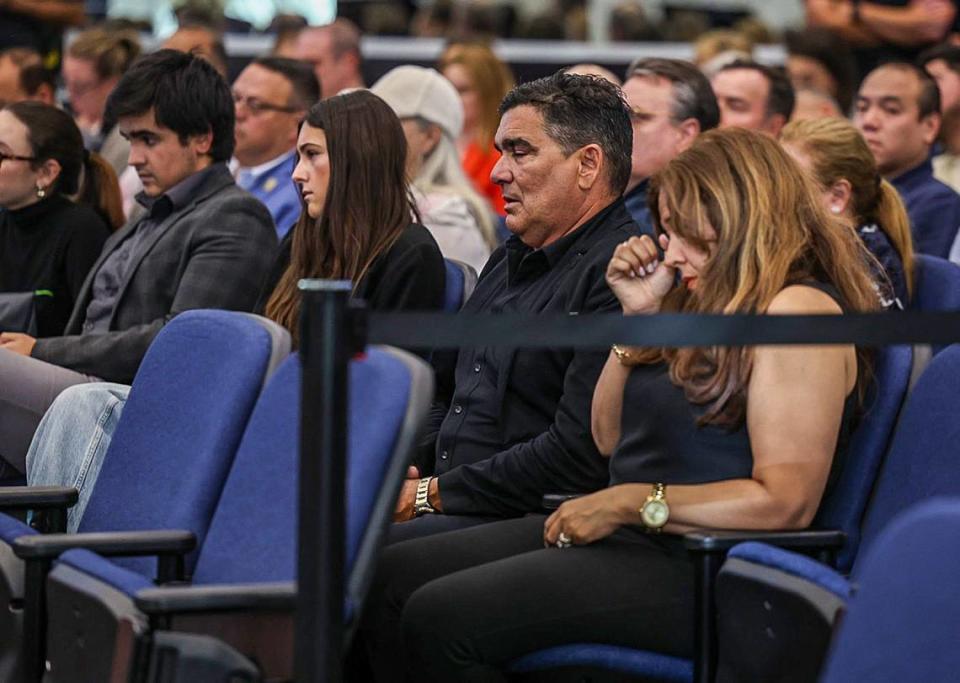 Jeanina and George Castellanos Sr., the parents of George Castellanos, the 23-year-old security guard killed in the April 6 shooting at CityPlace Doral’s Martini Bar, react during a May 8, 2024, council meeting where council members discussed closing down the bars in Doral two hours earlier.