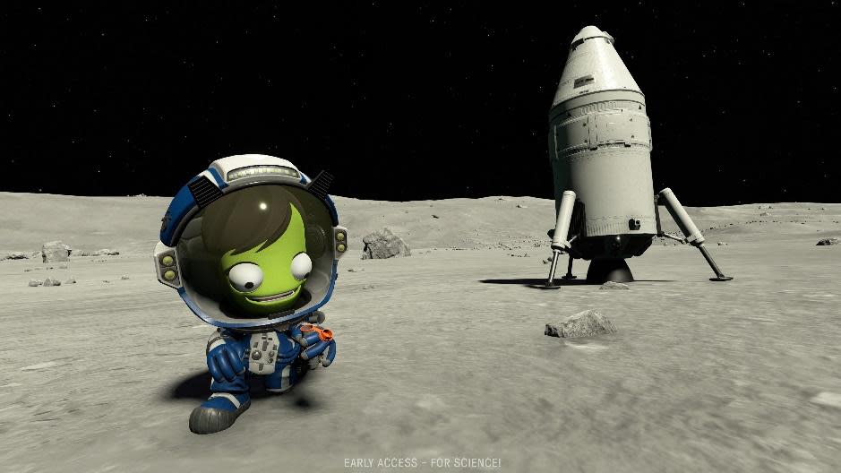  A green-skinned alien with bulbous eyes wears a spacesuit on the surface of the moon. 