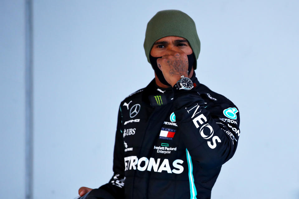 NUERBURG, GERMANY - OCTOBER 10: Second placed qualifier Lewis Hamilton of Great Britain and Mercedes GP looks on in parc ferme during qualifying ahead of the F1 Eifel Grand Prix at Nuerburgring on October 10, 2020 in Nuerburg, Germany. (Photo by Mark Thompson/Getty Images)