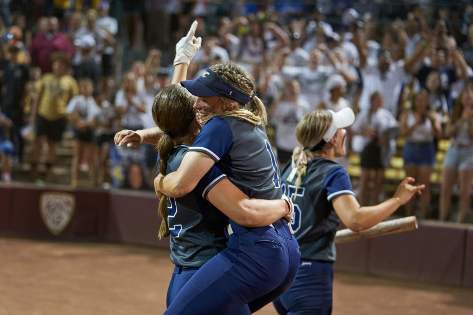 May 14, 2022; Tempe, AZ, USA; Willow Canyon celebrate their 5A state championship after beating Canyon View in the 8th inning at Farrington Softball Stadium.