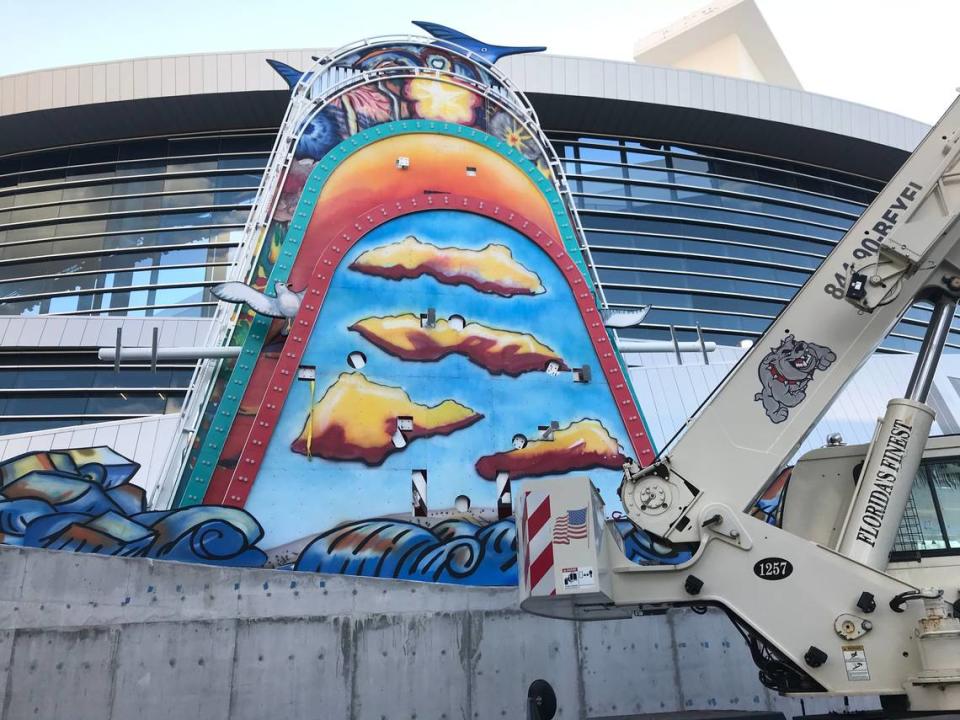 Homer, the county-owned “home run sculpture” championed by former owner Jefrey Loria and dismantled by new owner Derek Jeter, is nearly assembled in its new home outside Marlins Park.