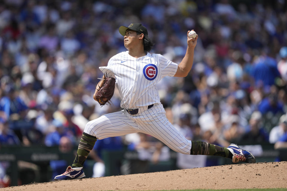 Chicago Cubs pitcher Shota Imanaga delivers during the fourth inning of a baseball game against the Pittsburgh Pirates, Saturday, May 18, 2024, in Chicago. (AP Photo/Charles Rex Arbogast)