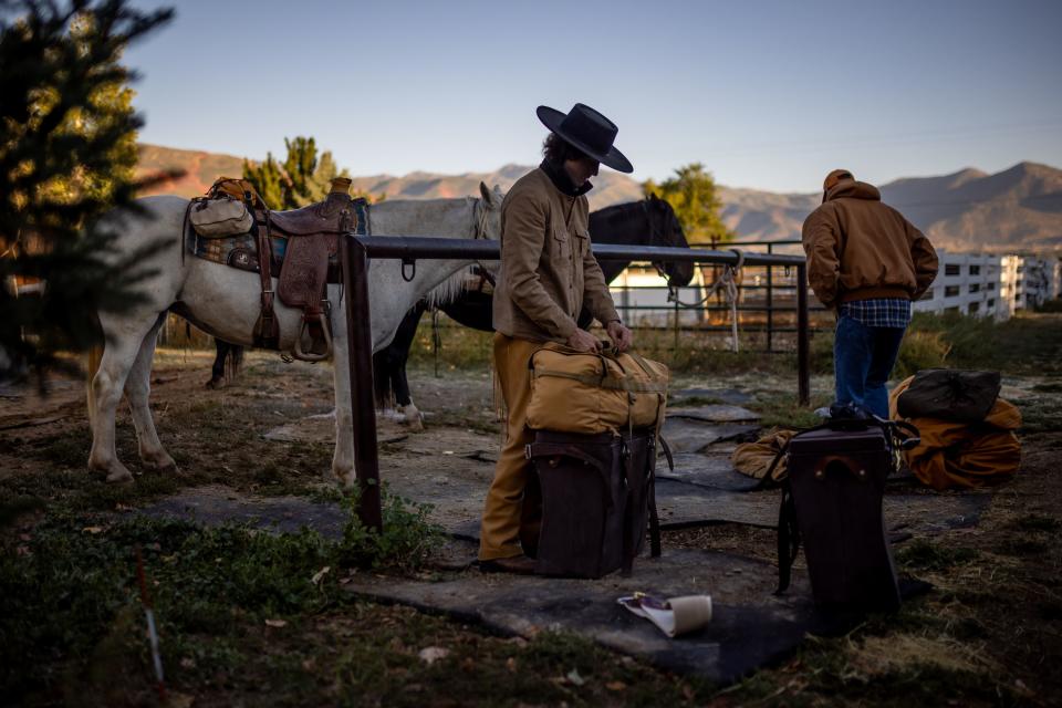 Jake Harvath loads his horses as he prepares to begin a yearlong horse ride across the country at Sage Creek Equestrian in Charleston, Wasatch County, on Monday, Sept. 25, 2023. | Spenser Heaps, Deseret News