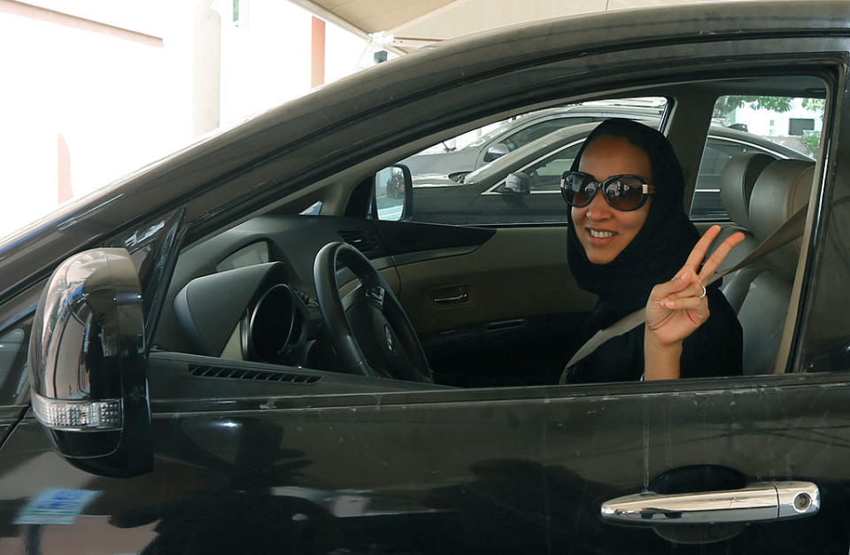 Saudi activist Manal Al Sharif drives her car in the UAE state of Dubai in an act of solidarity with protests against the ban in Saudi Arabia: Picture: Marwan Naamania/AFP/Getty Images