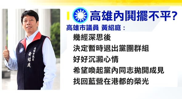 高雄議員黃紹庭發表聲明，決定暫時退出黨團群組。（圖／東森新聞）