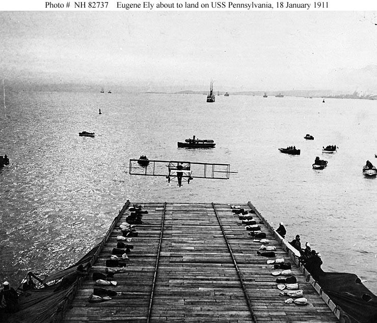 First landing of an airplane on a ship, January 18, 1911. (Naval History and Heritage Command Photograph)