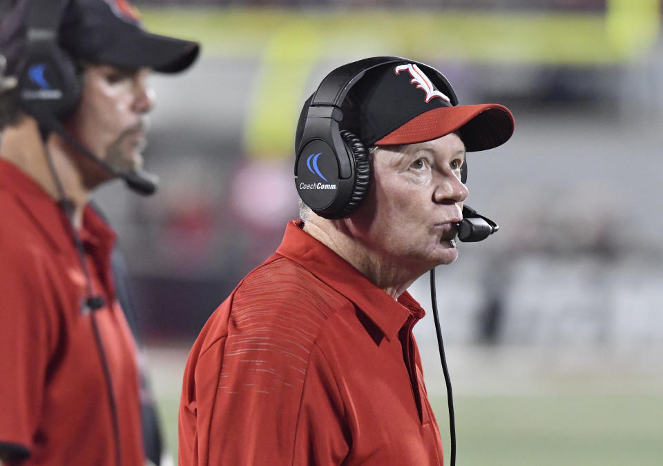 Bobby Petrino, shows coaching Louisville in 2018, has been at the center of multiple controversies at various stops in his coaching career. (AP Photo/Timothy D. Easley)