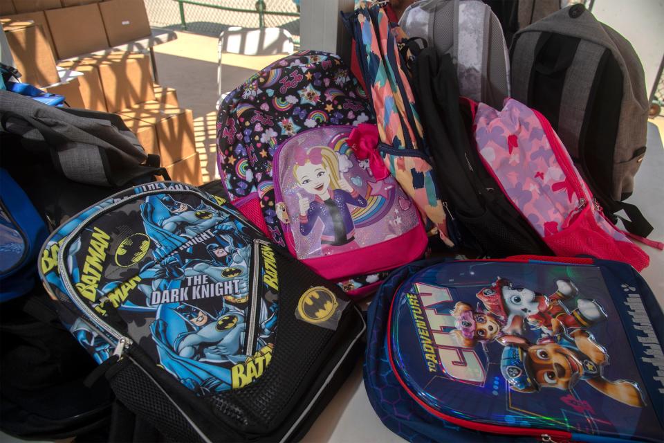 Some of the backpacks given away at the free school supply giveaway at the Conway Homes community center in Stockton on July 30, 2021. The Conway Homes Resident Council colleges enough donations for more than 200 backpacks filled with school supplies to give out to school-aged children at the event which also featured about 70 food boxes, several local aid agencies and nonprofit and free COVID-19 vaccinations by the San Joaquin County Clinics.