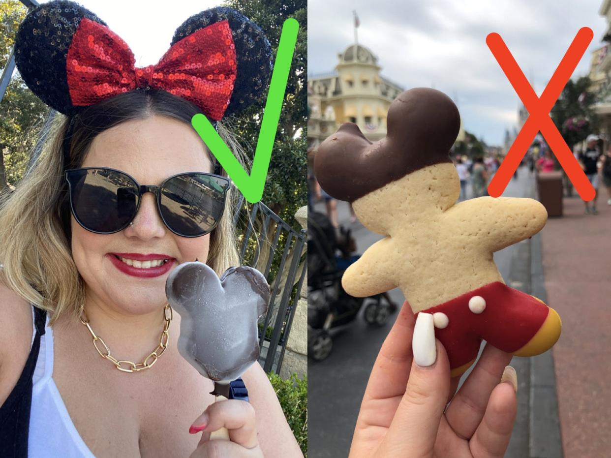 dana posing with a mickey ice cream and dana holding a mickey cookie in disney world