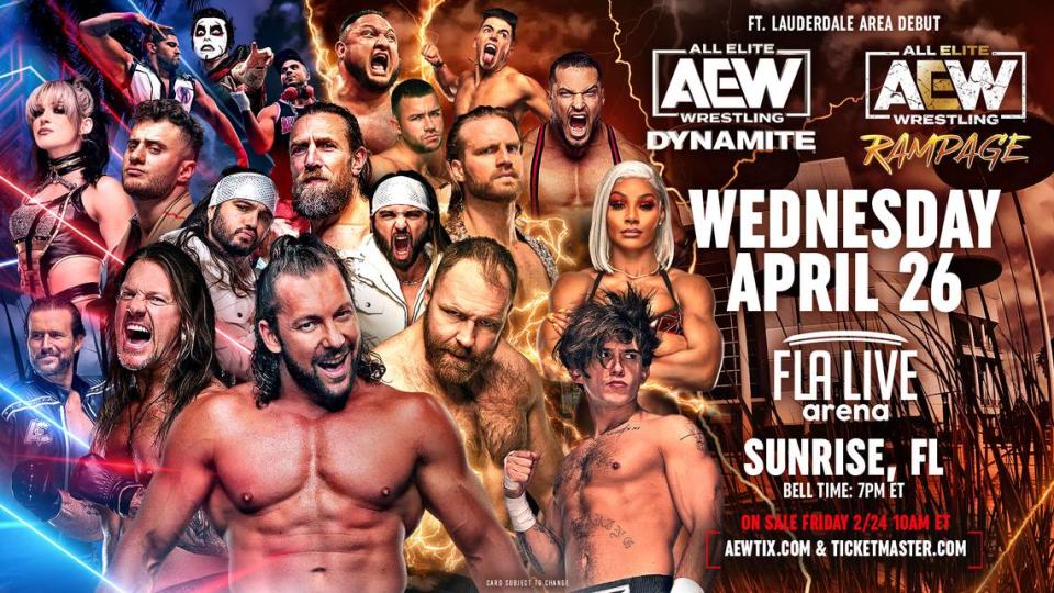 AEW Dynamite and AEW Rampage on Wednesday, April 26 at FLA Live Arena in Sunrise near Fort Lauderdale. It marks the first AEW event in Broward County.