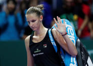 Tennis - WTA Tour Finals - Singapore Indoor Stadium, Kallang, Singapore - October 27, 2018 Czech Republic's Karolina Pliskova waves to the fans as she walks off after losing her semi final match against Sloane Stephens of the U.S. REUTERS/Edgar Su