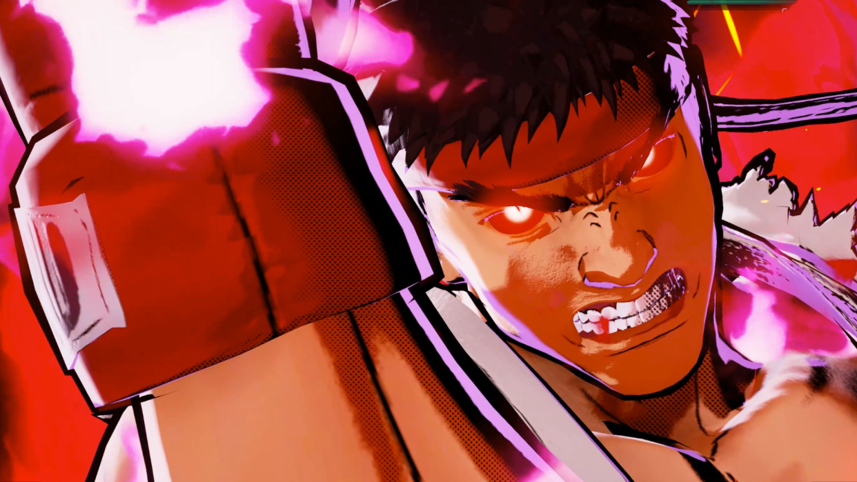  An image of Ryu from Marvel vs. Capcom: Infinite, except modded with fancy shaders - holding up his fist with a determined expression, his teeth bared. 