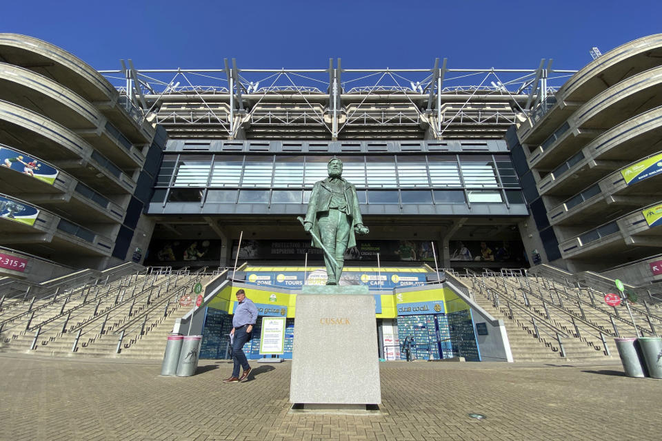 FILE - A view from outside Croke Park in Dublin, Ireland, Thursday, Aug. 24, 2023. Ireland has become part of the NFL’s international playbook as Irish interest in the sport increases. Dublin is under review to potentially join the league’s growing list of international cities hosting a regular-season game. (AP Photo/Ken Maguire, File)