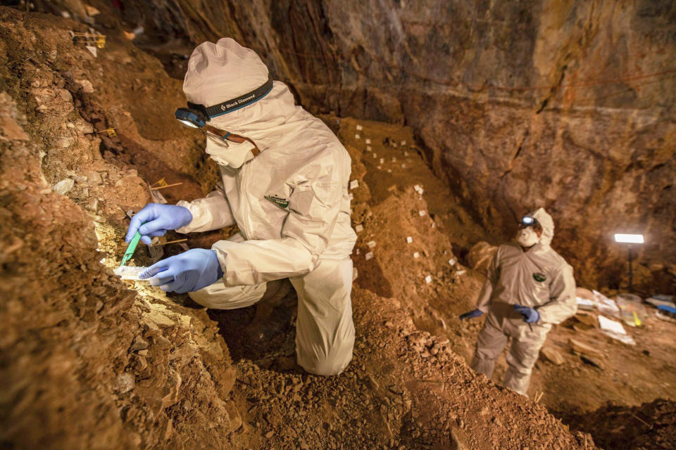 In this 2019 photo provided by Devlin A. Gandy, assistant professor Mikkel Winther Pedersen from the University of Copenhagen takes samples of cave sediments to look for DNA in Zacatecas, central Mexico. Artifacts from the site suggest people were living in North America much earlier than most scientists think. Researchers reported Wednesday, July 22, 2020, that tools found in the cave date to as early as 26,500 years ago, about 10,000 years before the generally accepted date for the earliest human presence in North America. (Devlin A. Gandy via AP)