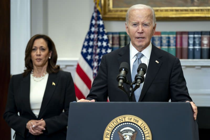President Joe Biden delivers remarks as Vice President Kamala Harris look on after former President Donald Trump was injured following a shooting at a July 13 election rally in Pennsylvania in the Roosevelt Room of the White House in Washington, DC on Sunday, July 14, 2024. Biden announced Sunday he will not seek a second term. Photo by Bonnie Cash/UPI