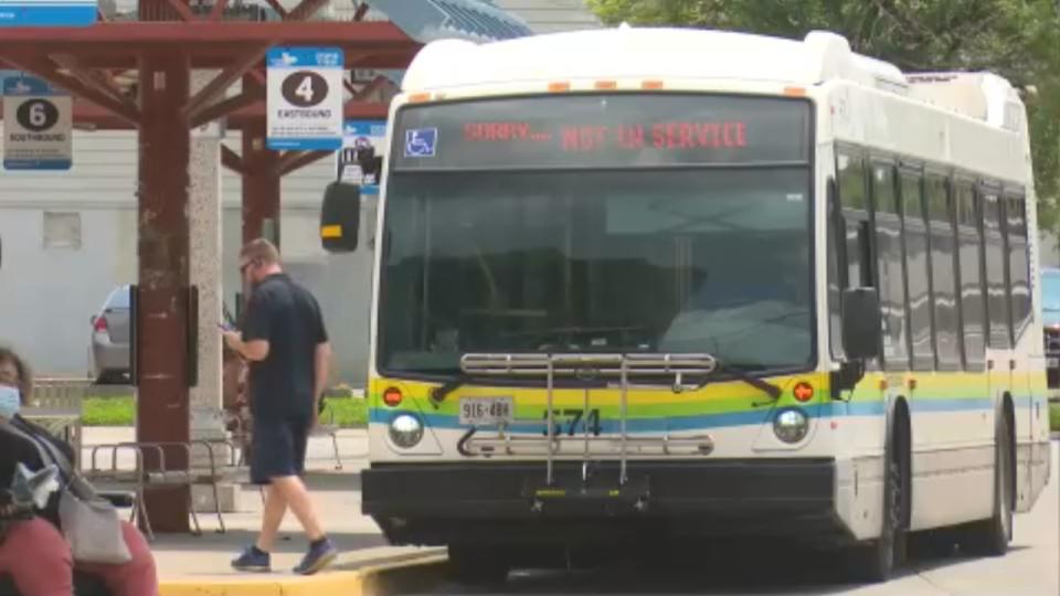 A Transit Windsor bus sits at the downtown terminal in Windsor.