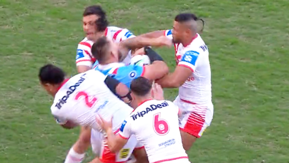 Moses Suli (pictured right) was knocked out after a collision with Jared Waerea-Hargreaves in the clash against the Roosters. (Images: Channel Nine)