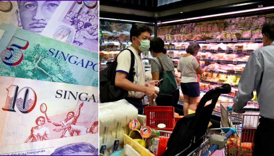 Une photo composite montrant des dollars de Singapour à gauche et une scène de supermarché avec des acheteurs, des produits et des chariots à droite, illustrant une histoire sur les attitudes face à la hausse de l'inflation.  (PHOTO : Getty Images)