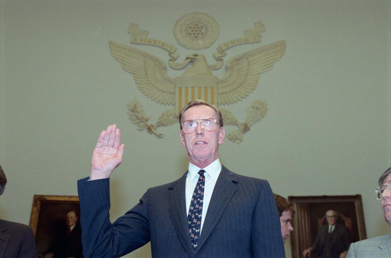 Charles Keating, owner of the California's Lincoln Savings and Loan Association, is sworn in before the House Banking Committee, which is investigating the thrift's failure.