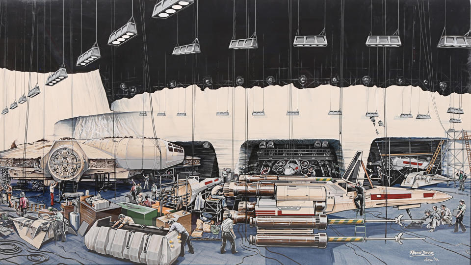 Roger Deer painting of crew preparing the set of an ice hangar for 'Star Wars: The Empire Strikes Back'. (Credit: Roger Deer/Prop Store)