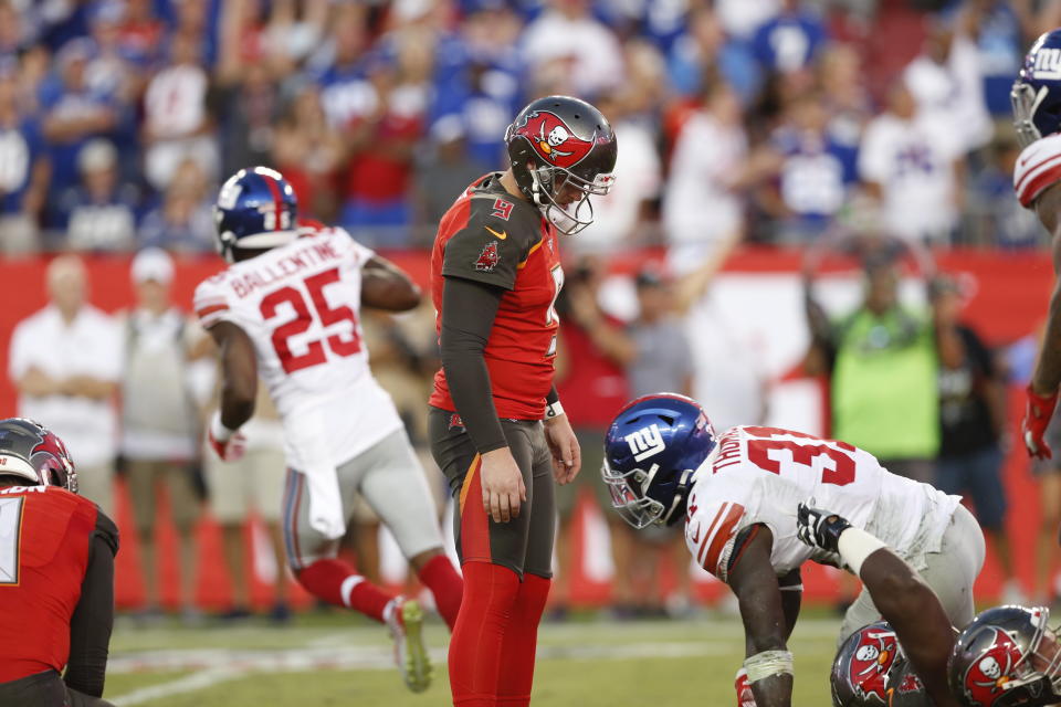 TAMPA, FLORIDA - SEPTEMBER 22: Kicker Matt Gay #9 of the Tampa Bay Buccaneers looks down dejectedly after missing what would have been the game-winning field as time expired during the game against the New York Giants at Raymond James Stadium on September 22, 2019 in Tampa, Florida. (Photo by Mike Zarrilli/Getty Images)