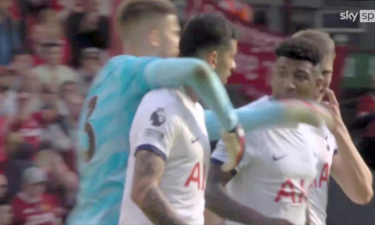 <span>Tottenham defenders Cristian Romero and Emerson Royal break into a heated argument before Guglielmo Vicario intervenes.</span><span>Photograph: Sky Sports</span>