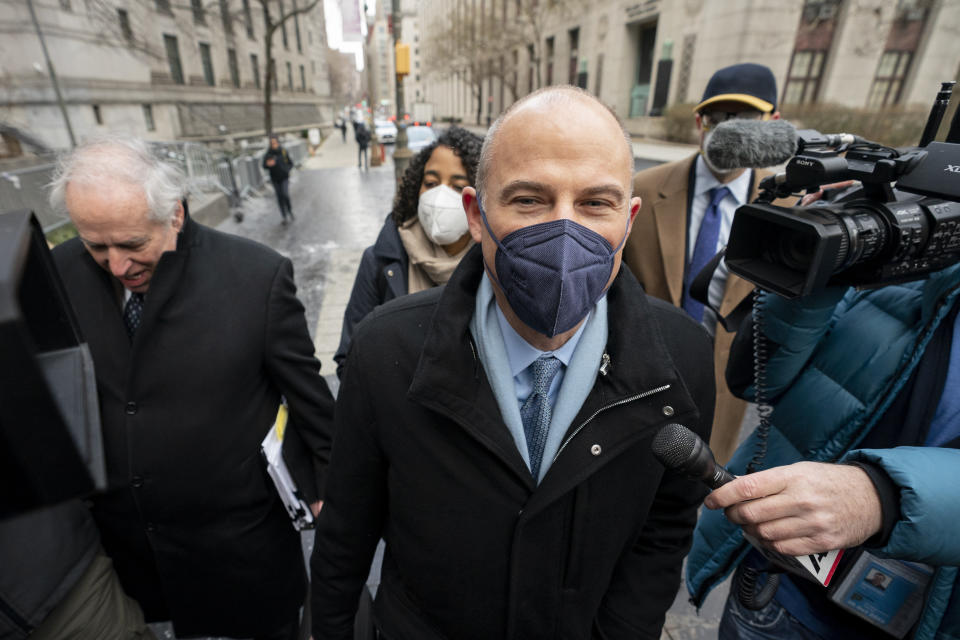 Michael Avenatti arrives to Federal court in Manhattan, Monday, Jan. 24, 2022, in New York. Avenatti, the once high-profile California attorney who regularly taunted then-President Donald Trump, was introduced to prospective jurors who will decide whether he cheated porn star Stormy Daniels out of hundreds of thousands of dollars. (AP Photo/John Minchillo)