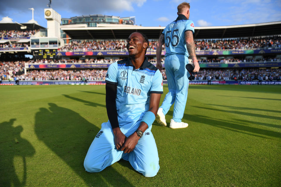 LONDON, ENGLAND - JULY 14: Jofra Archer of England and Ben Stokes of England celebrate after winning the Cricket World Cup during the Final of the ICC Cricket World Cup 2019 between New Zealand and England at Lord's Cricket Ground on July 14, 2019 in London, England. (Photo by Gareth Copley-IDI/IDI via Getty Images)