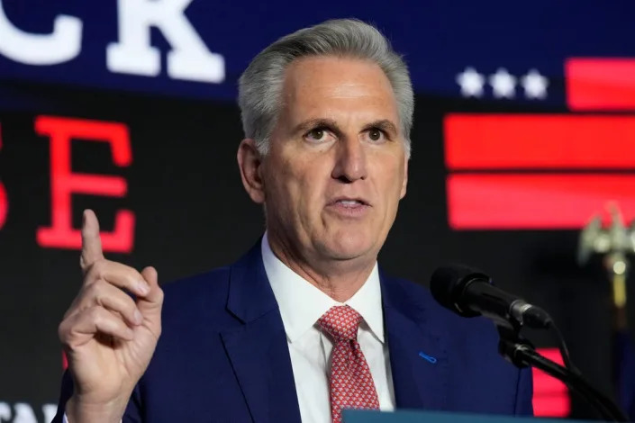 House Minority Leader Kevin McCarthy of Calif., speaks at an election event, Nov. 9, 2022, in Washington. The results of the midterm election are raising questions about the future of American support for Ukraine. McCarthy warned last month that his party wouldn't support writing a 