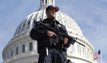 U.S. Capitol police officer Angel Morales keeps watch in front of the Capitol in Washington, in this February 17, 2012 file photo. REUTERS/Kevin Lamarque/Files