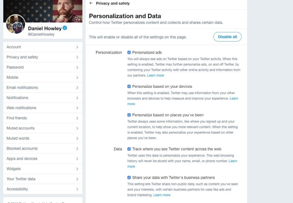 You can turn off data personalization through Twitter's main settings.