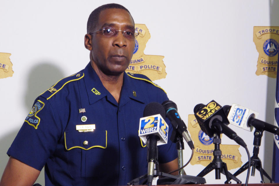 FILE - In this Friday, May 21, 2021 file photo, Col. Lamar Davis, superintendent of the Louisiana State Police, speaks about the agency's release of video involving the death of Ronald Greene, at a press conference in Baton Rouge, La. Greene was jolted with stun guns, put in a chokehold and beaten by troopers, and his death is now the subject of a federal civil rights investigation. Davis has reorganized his staff, overhauled use-of-force policies and mandated all troopers attend training on intrinsic bias. But he acknowledged it may not be enough to stave off growing calls for a U.S. Justice Department “pattern and practice” probe of potential racial profiling by a nearly 1,000-trooper force that’s more than three-quarters white men. (AP Photo/Melinda Deslatte)