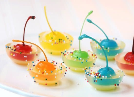 <strong>Get the <a href="http://jelly-shot-test-kitchen.blogspot.com/2010/10/rainbow-cherry-jigglers.html" target="_hplink">Rainbow Cherry Jigglers recipe</a> from Jelly Shot Test Kitchen</strong><br>