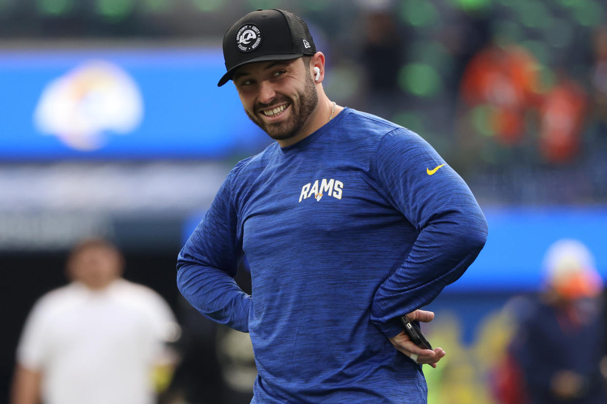 INGLEWOOD, CALIFORNIA - DECEMBER 25: Baker Mayfield #17 of the Los Angeles Rams looks on before the game against the Denver Broncos at SoFi Stadium on December 25, 2022 in Inglewood, California. (Photo by Katelyn Mulcahy/Getty Images)
