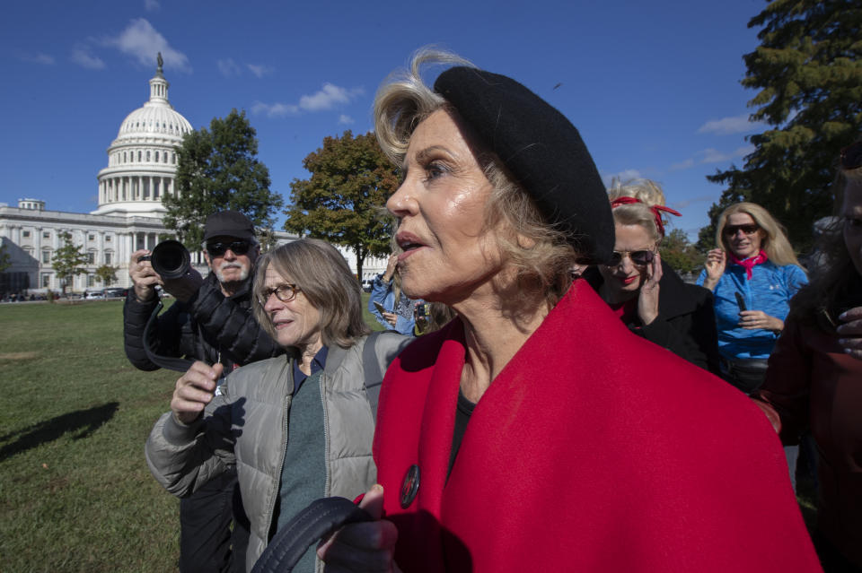 Actress Jane Fonda attends a rally on Capitol Hill in Washington, Friday, Oct. 18, 2019. A half-century after throwing her attention-getting celebrity status into Vietnam War protests, 81-year-old Jane Fonda is now doing the same in a U.S. climate movement where the average age is 18. (AP Photo/Manuel Balce Ceneta)
