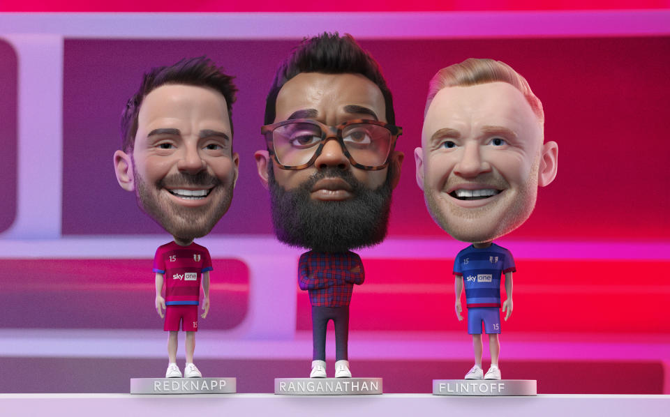 Host Romesh Ranganathan and team captains Jamie Redknapp and Freddie Flintoff return for another series of 'A League Of Their Own'. (Sky UK)