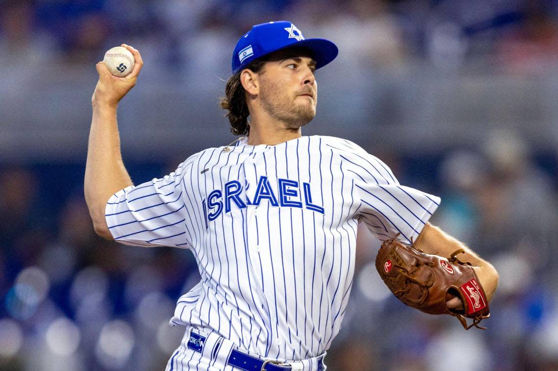 Israel pitcher Dean Kremer (17) throws the ball during the second inning of a 2023 World Baseball Classic pool D game against Nicaragua at loanDepot Park in Miami, Florida, on Sunday, March 12, 2023.