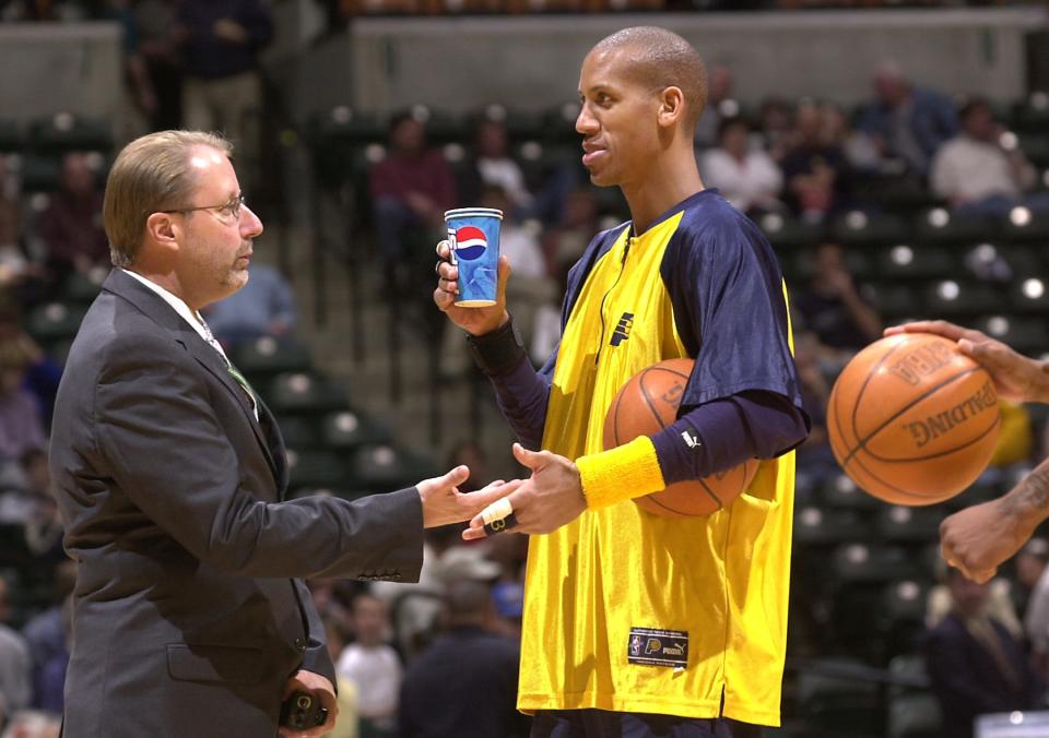 In 2001, David Benner Pacers Director of Media Relations, handed  Reggie Miller a drink during their pre-game ritual  before a game against Vancouver.