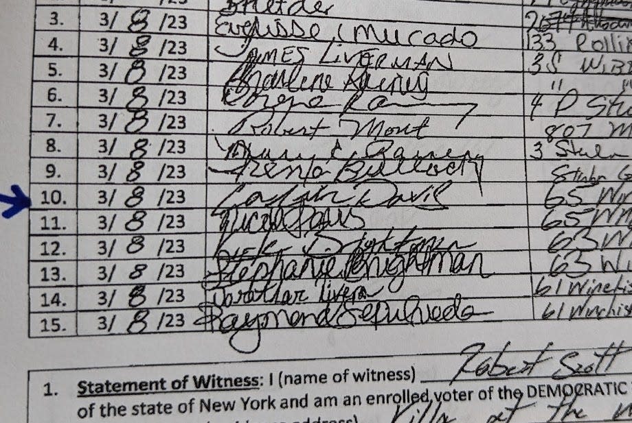 The signature of Calvin Davis appeared on line 10 on a sheet of Robert Scott's nominating petitions, which Scott witnessed. Davis, listed as "active" on the Westchester voter rolls, died in 2012.