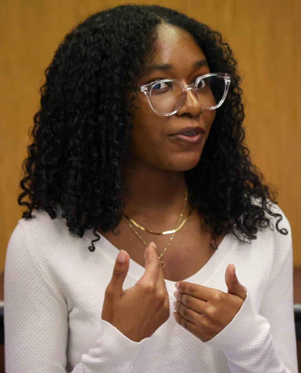 Aiykiera Brown, Millennium Collegiate Academy student, shares her thoughts at the community meeting held at J.P. Taravella High School to discuss the possiblity of school closures in 2025.